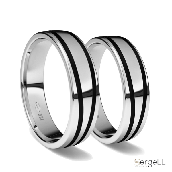 Alianzas de boda de Oro blanco 18k con líneas negras Lk - Imagen 3
